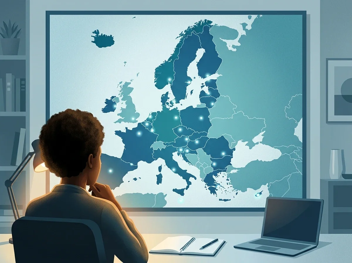 Pelaaja tarkastelee EU- ja ETA-alueen karttaa rahapelisääntelyn yhteydessä